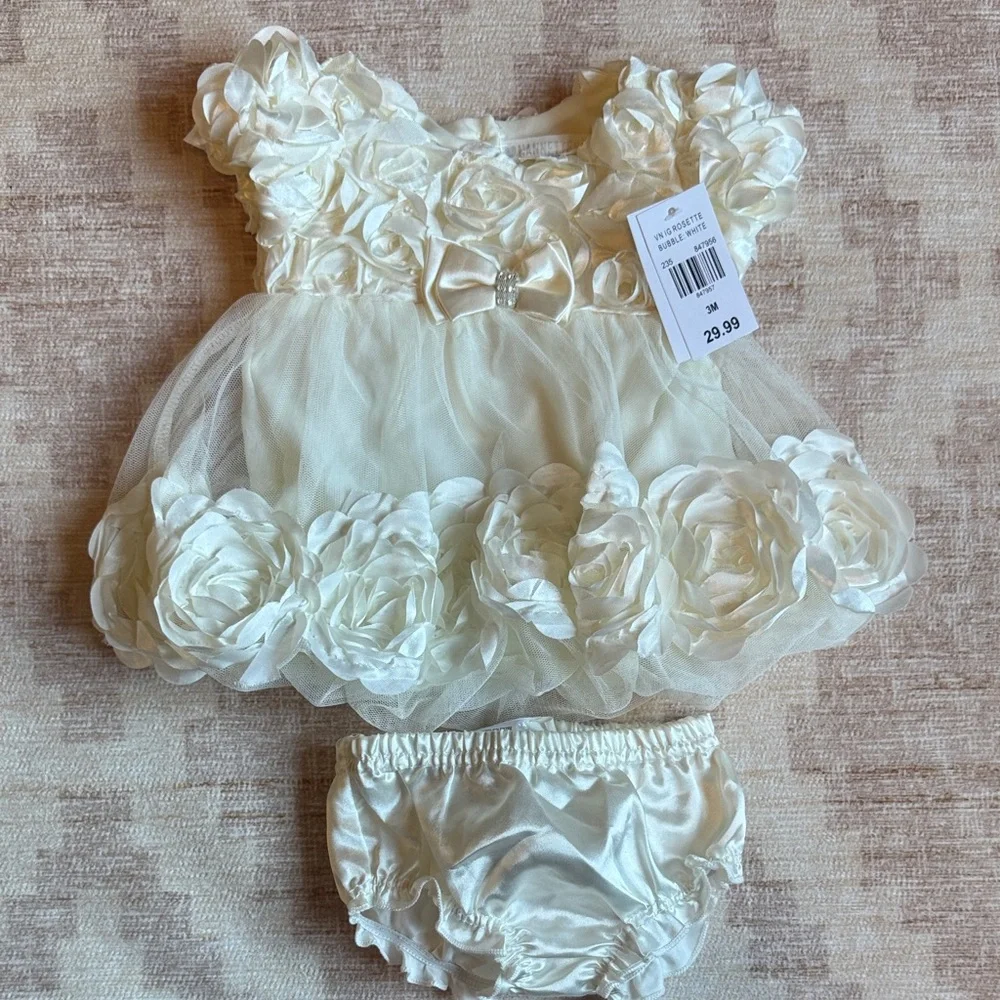 Nannette Baby Satin Cream Floral Bubble Dress and Bloomer Set size 3M NWT